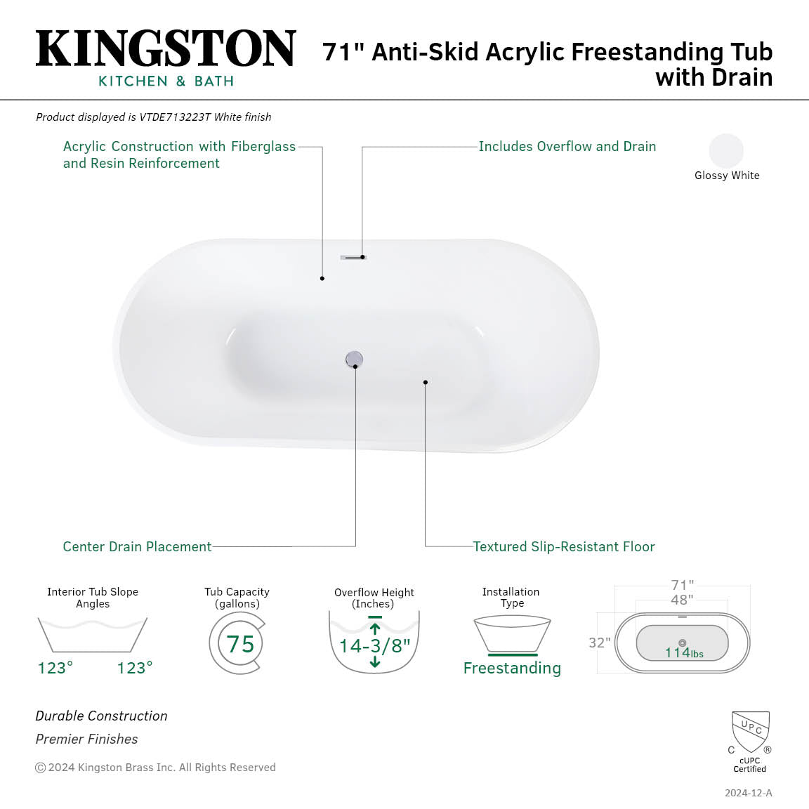 Kingston Brass VTDE713223T 71" Acrylic Oval Double Ended Freestanding Tub with Drain, Glossy White