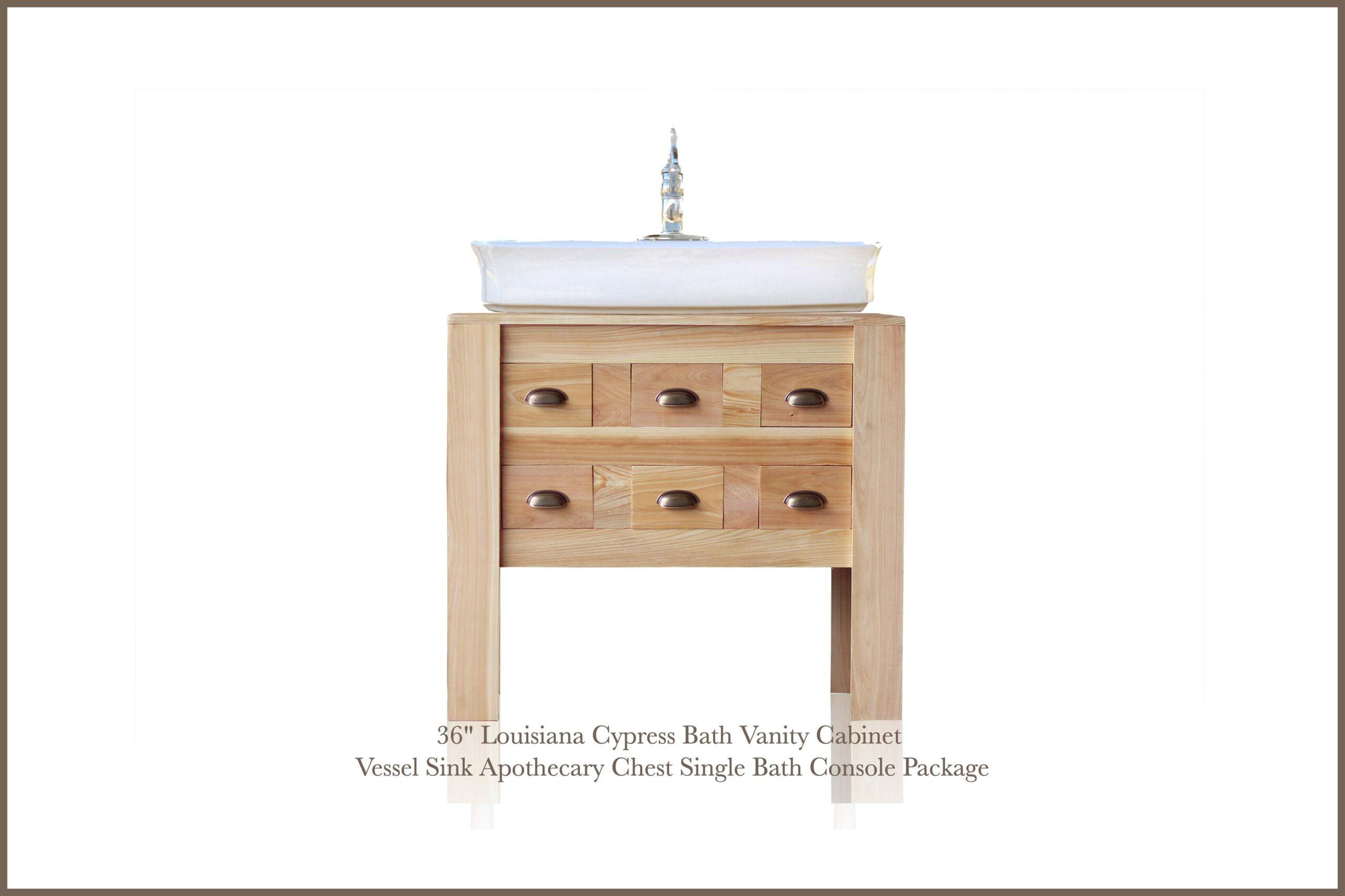 WatermarkFixtures 36″ Louisiana Cypress Bath Claiborne Vanity Cabinet Vessel Sink Apothecary Chest Single Bath Console - Bathroom Design Center