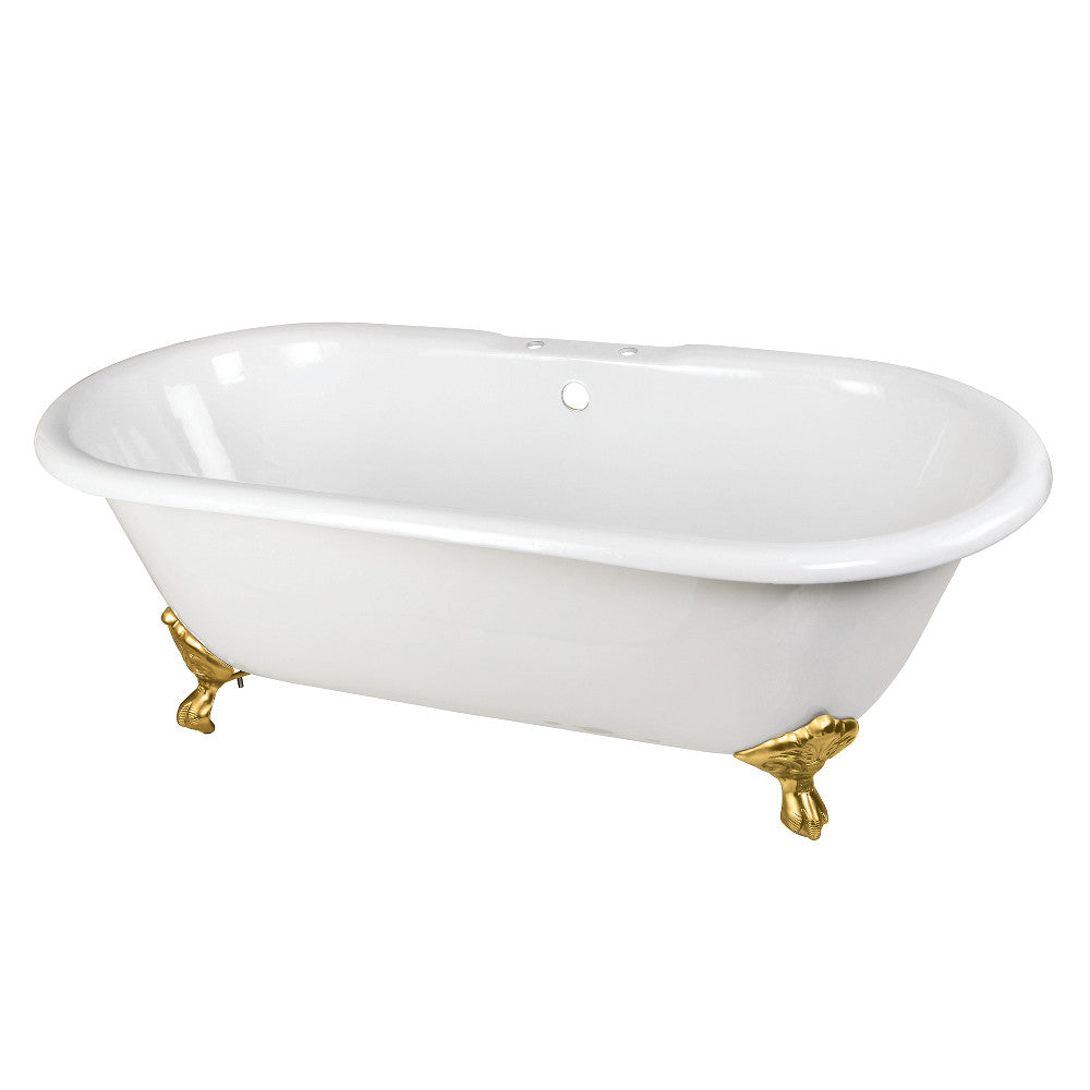 Aqua Eden VCT7D663013NB7 66" Cast Iron Oval Double Ended Clawfoot Tub (7" Faucet Drillings), White/Brushed Brass