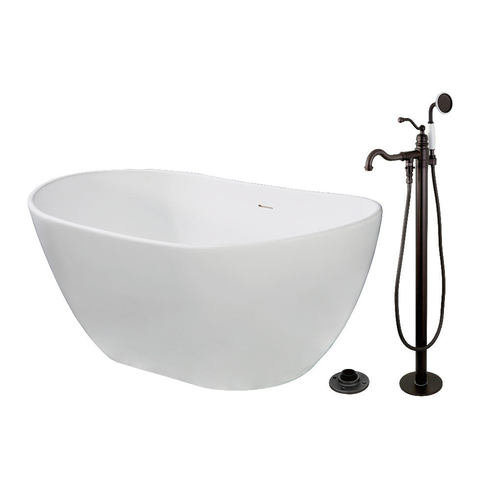 Kingston Brass KRTRS5732135AL 57" Solid Surface Oval Double Slipper Freestanding Tub with Faucet Combo and Drain, Oil Rubbed Bronze