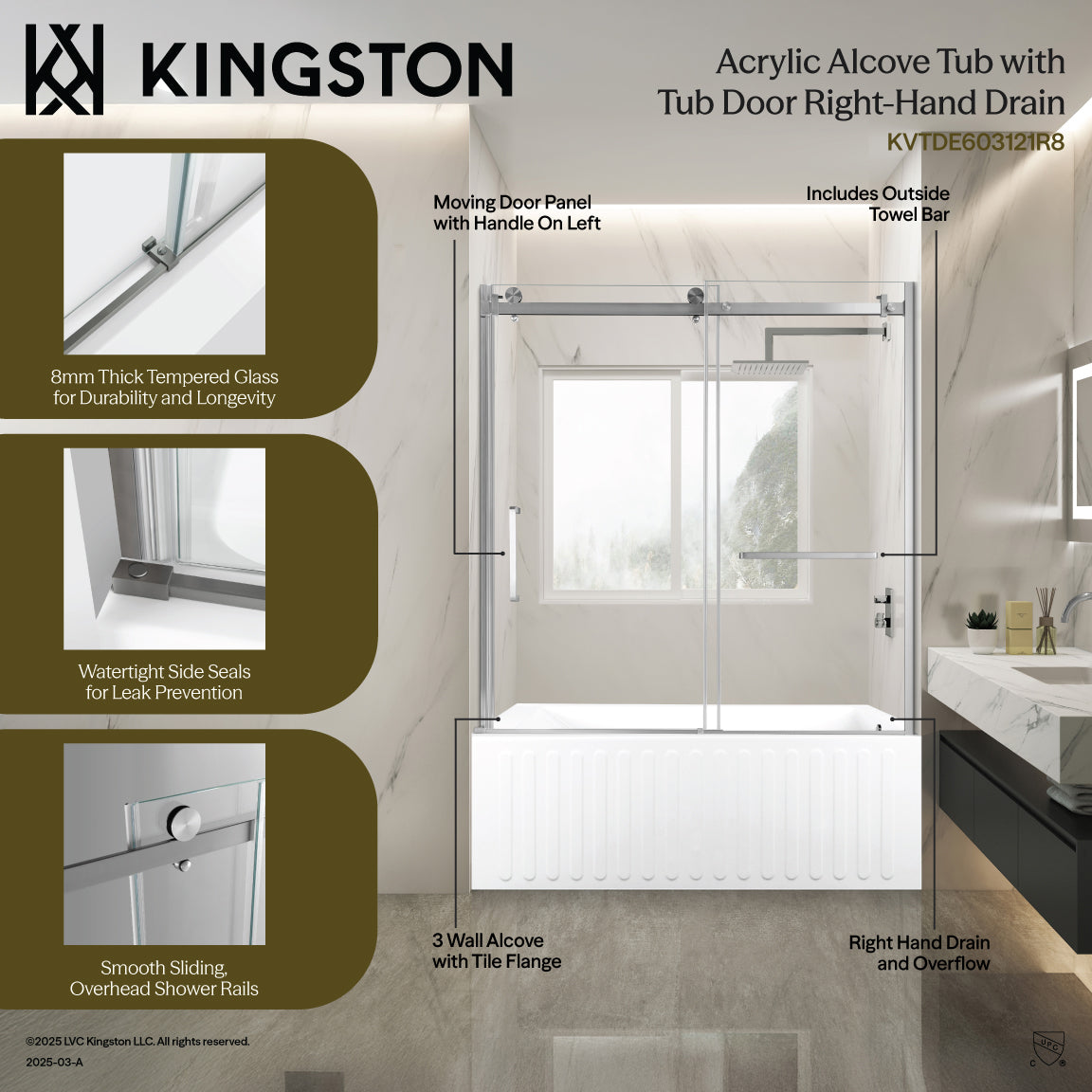 Kingston Brass KVTDE603121R0 60" Acrylic Rectangular 3-Wall Alcove Tub Combo with Tub Door (Right Hand Drain), White/Matte Black