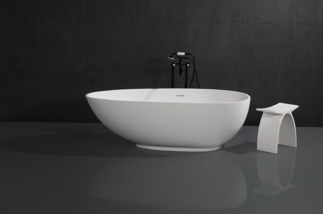 Kingston Brass VRTOV683321 67" Solid Surface Egg Shaped Double Ended Freestanding Tub with Drain, Glossy White/Matte White