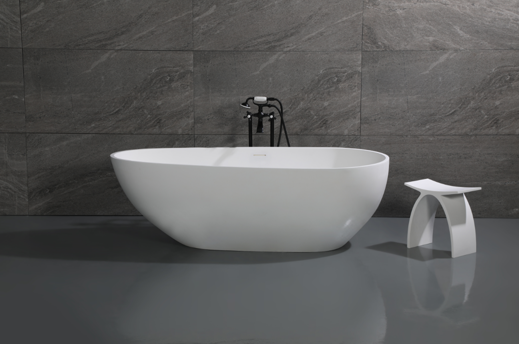 Kingston Brass VRTOV713422 72" Solid Surface Egg Shaped Double Ended Freestanding Tub with Drain, Glossy White/Matte White