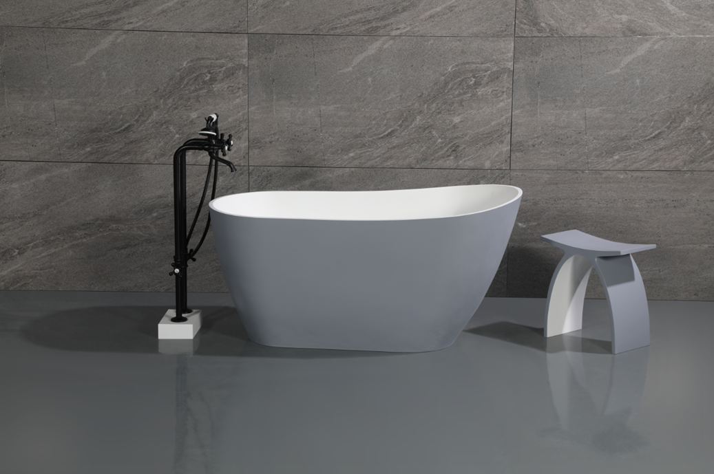 Kingston Brass VRTSS513026WG 52" Solid Surface Oval Single Slipper Freestanding Tub with Drain, Glossy White/Matte Gray