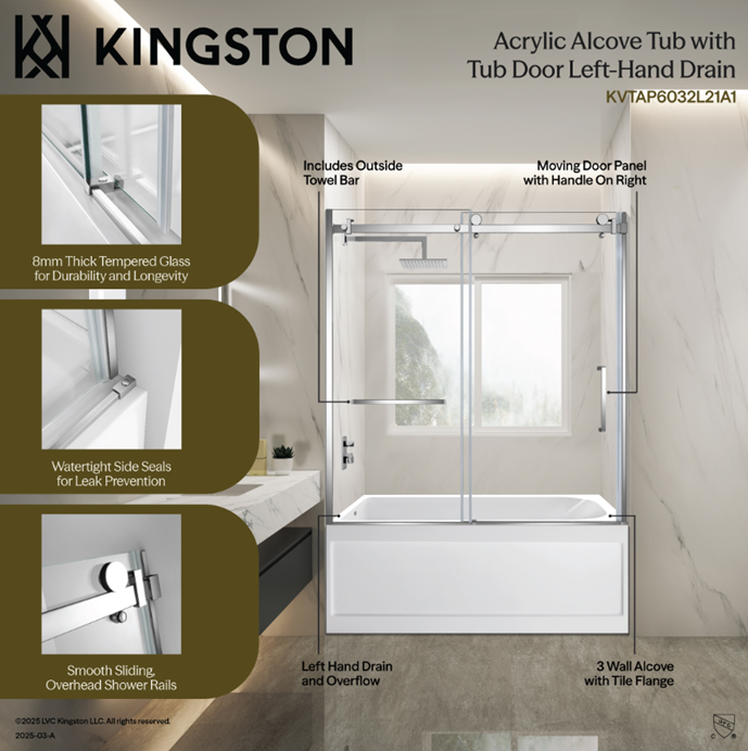 Kingston Brass KVTAP6032L21A0 60" Acrylic Rectangular 3-Wall Anti-Skid Alcove Tub Combo with Tub Door (Left Hand Drain), White/Matte Black