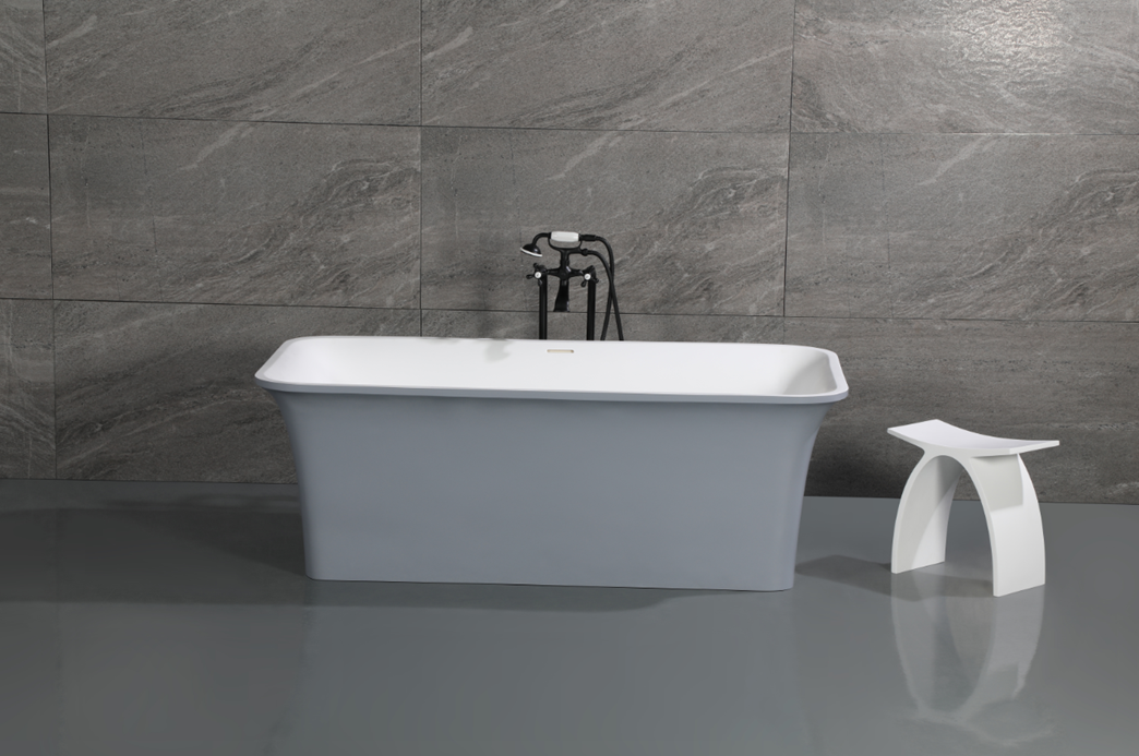 Kingston Brass VRTSQ673624WG 67" Solid Surface Rectangular Double Ended Freestanding Tub with Drain, Matte White/Gray
