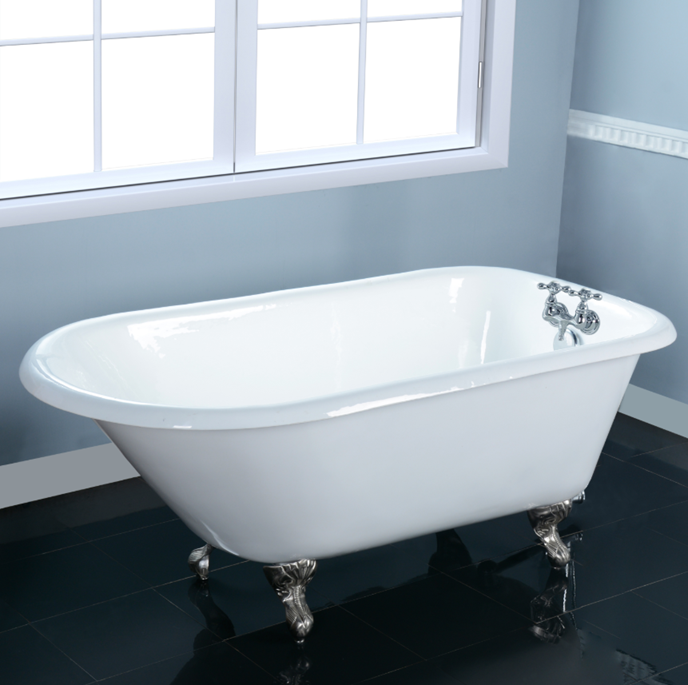 Aqua Eden VCT3D603019NT8 60" Cast Iron Oval Rectangular Roll Top Clawfoot Tub (3-3/8" Wall Drillings), White/Brushed Nickel