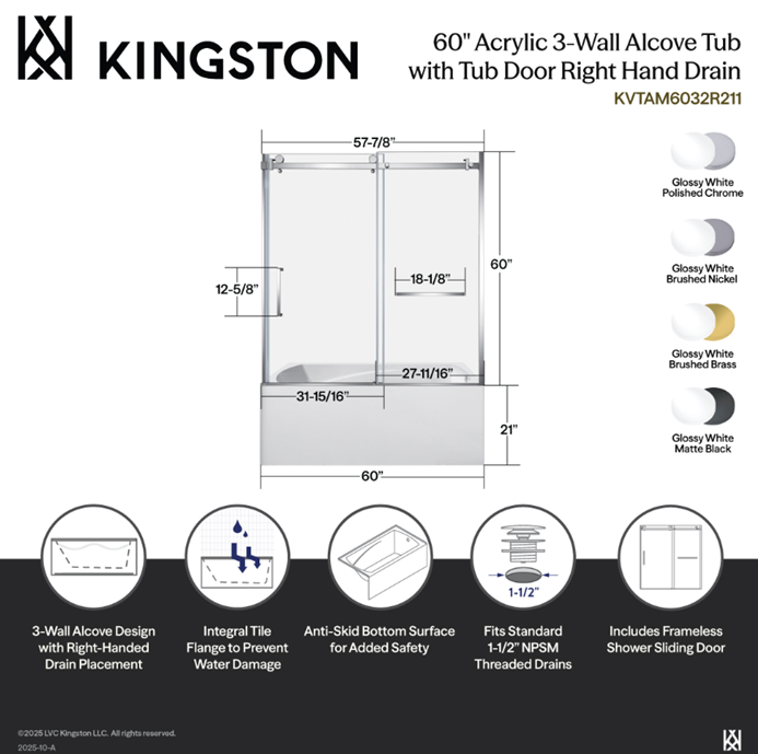 Kingston Brass KVTAM6032R210 60" Acrylic Rectangular 3-Wall Alcove Tub Combo with Tub Door (Right Hand Drain), White/Matte Black