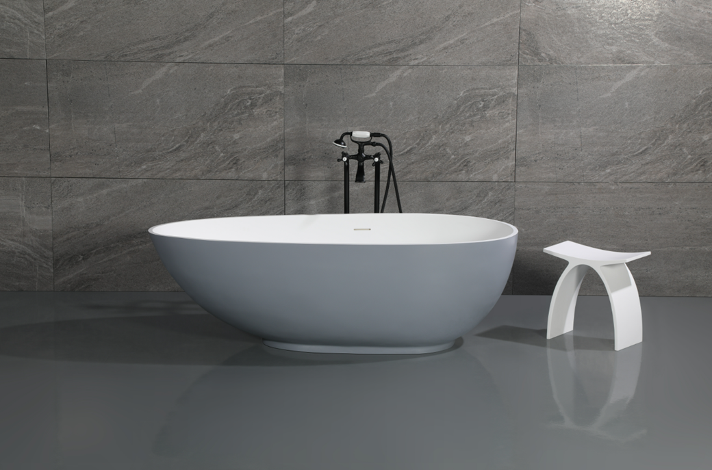 Kingston Brass VRTOV683321WG 67" Solid Surface Egg Shaped Double Ended Freestanding Tub with Drain, Glossy White/Matte Gray