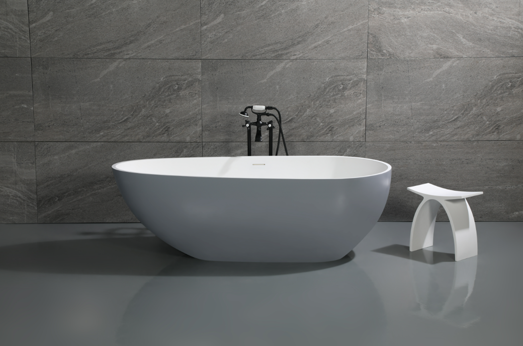Kingston Brass VRTOV713422WG 72" Solid Surface Egg Shaped Double Ended Freestanding Tub with Drain, Glossy White/Matte Gray