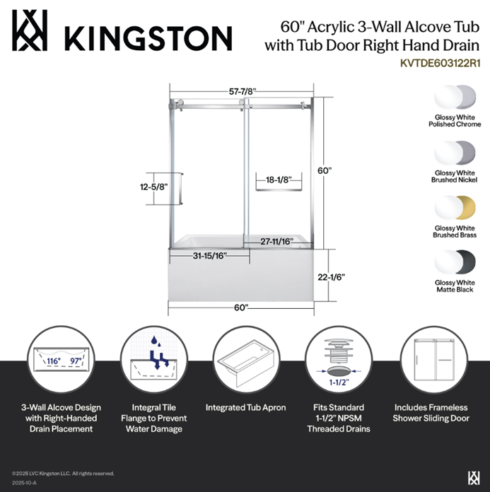 Kingston Brass KVTDE603122R0 60" Acrylic Rectangular 3-Wall Alcove Tub Combo with Tub Door (Right Hand Drain), White/Matte Black