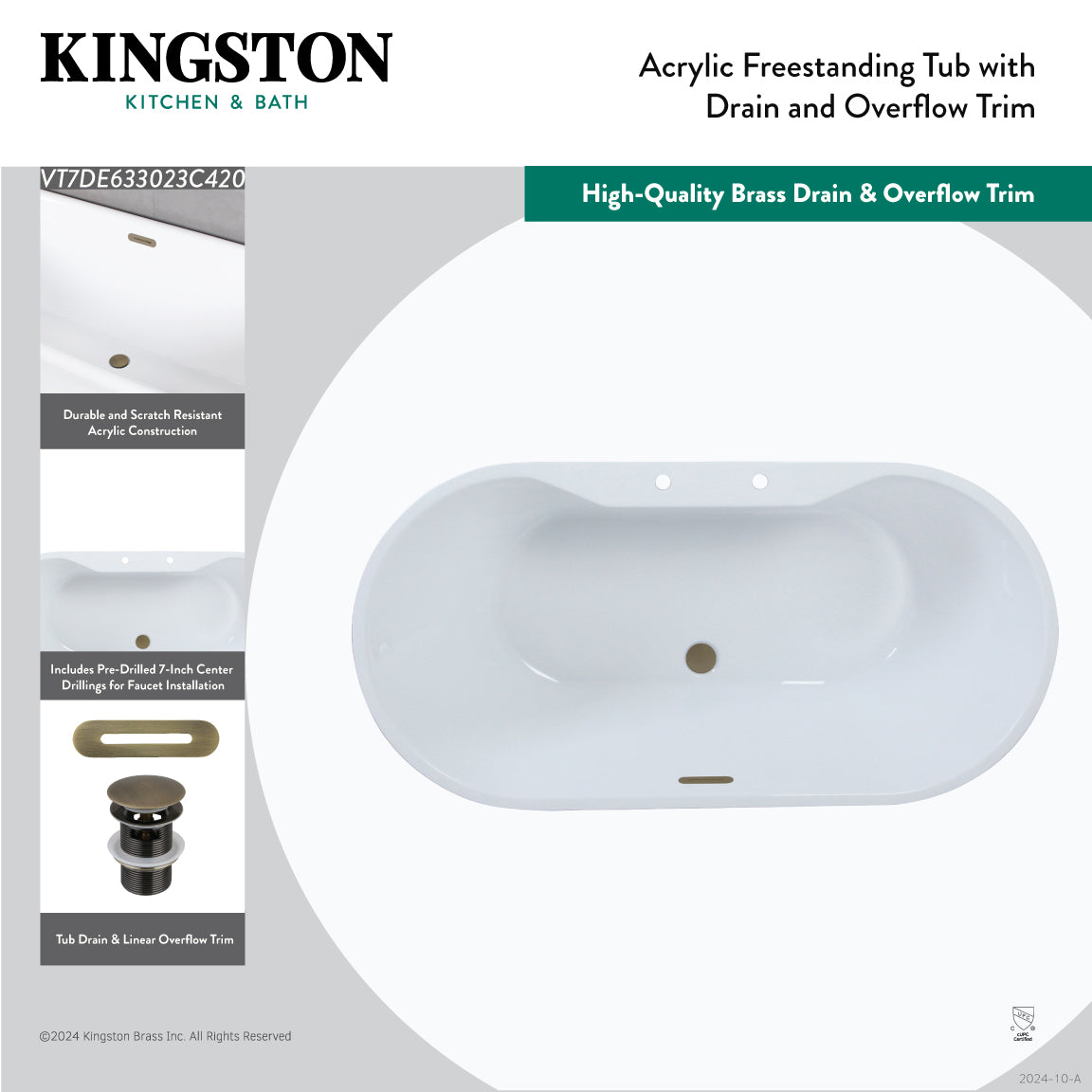 Kingston Brass VT7DE633023C423 63" Acrylic Oval Double Ended Freestanding Tub with Drain, Glossy White/Antique Brass