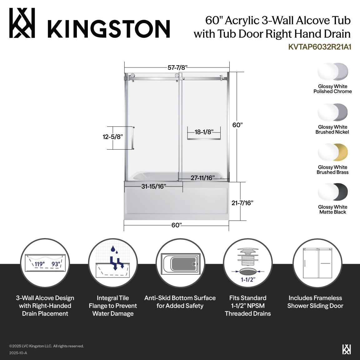 Kingston Brass KVTAP6032R21A8 60" Acrylic Rectangular 3-Wall Anti-Skid Alcove Tub Combo with Tub Door (Right Hand Drain), White/Brushed Nickel