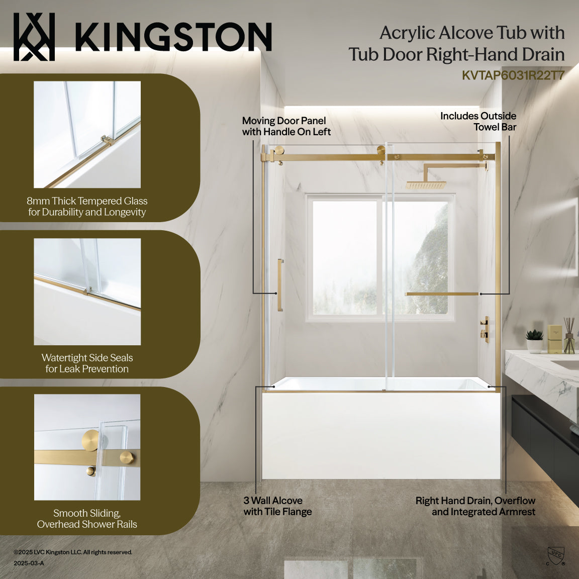 Kingston Brass KVTAP6031R22T1 60" Acrylic Rectangular 3-Wall Anti-Skid Alcove Tub Combo with Tub Door (Right Hand Drain), White/Polished Chrome