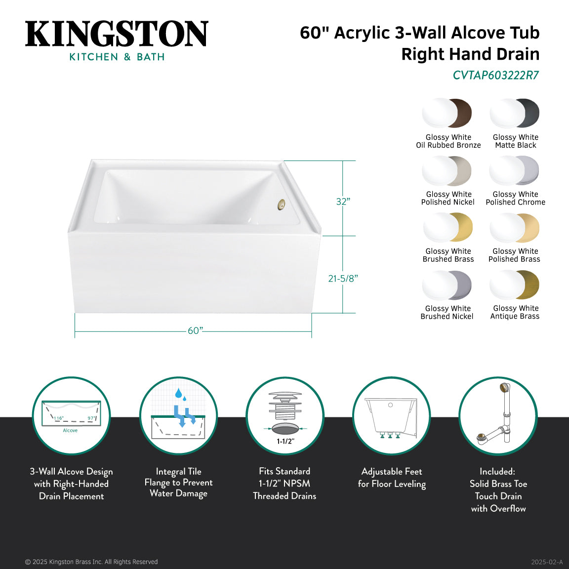 Aqua Eden CVTAP603222R1 60" Acrylic Rectangular 3-Wall Alcove Tub Combo with Waste and Overflow Drain (Right Hand Drain), Glossy White/Polished Chrome