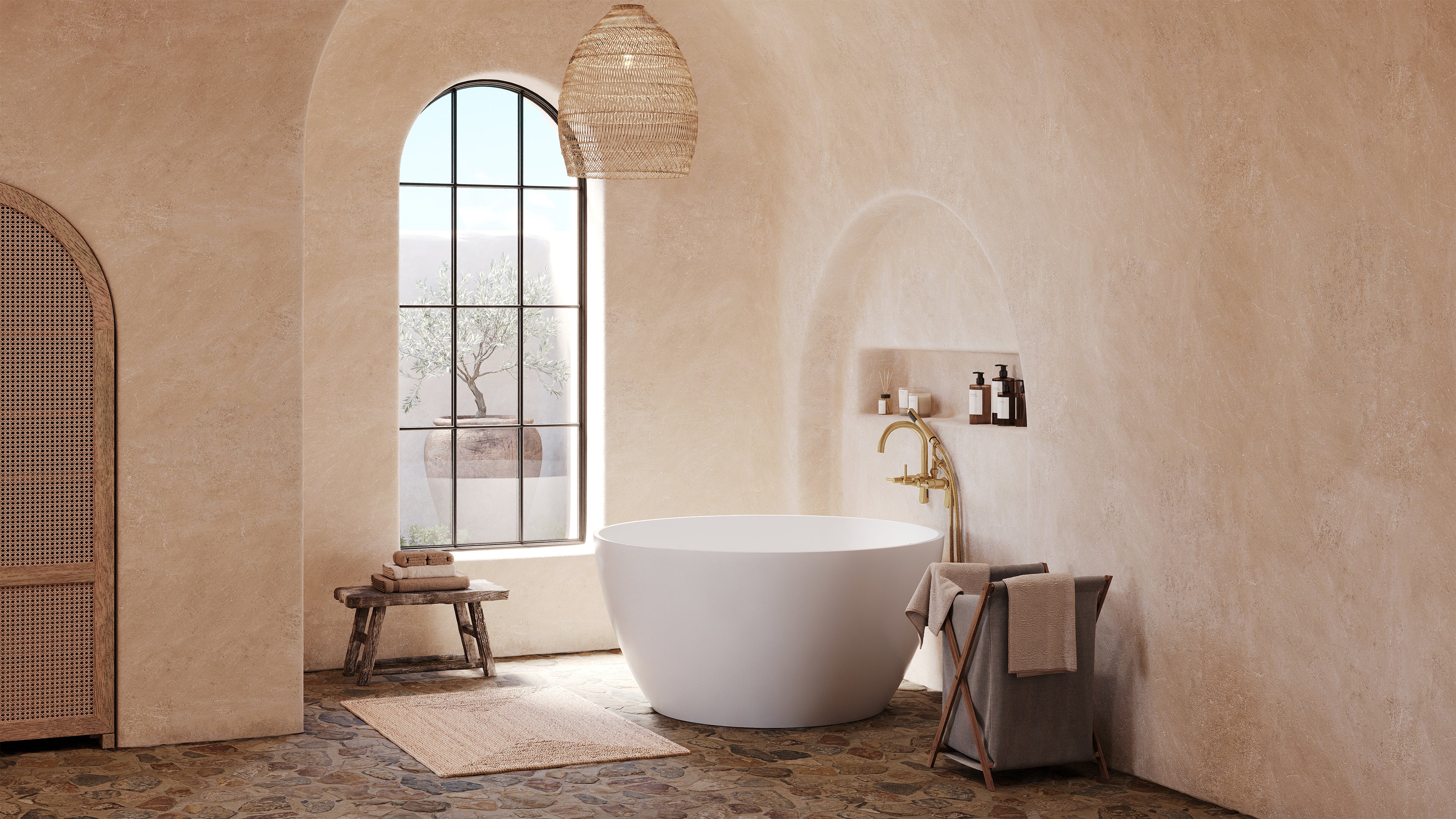 Kingston Brass KRTRO4545157DL 45" Solid Surface Round Double Ended Freestanding Tub with Faucet Combo and Drain, Brushed Brass