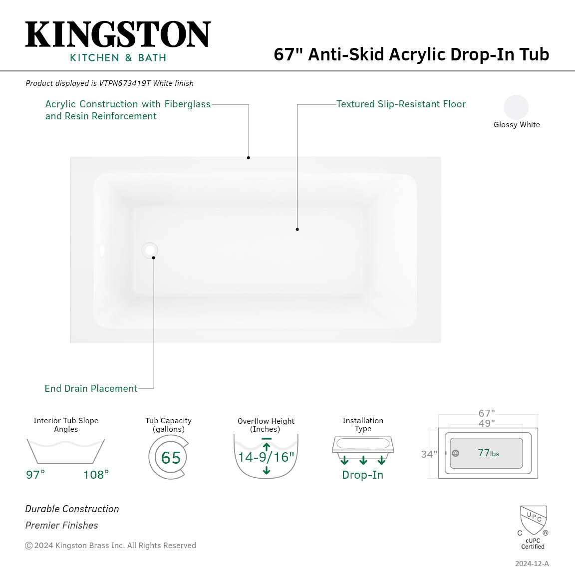 Kingston Brass VTPN673419T 67" Acrylic Rectangular Drop-In Tub with Anti-Skid Surface, Glossy White