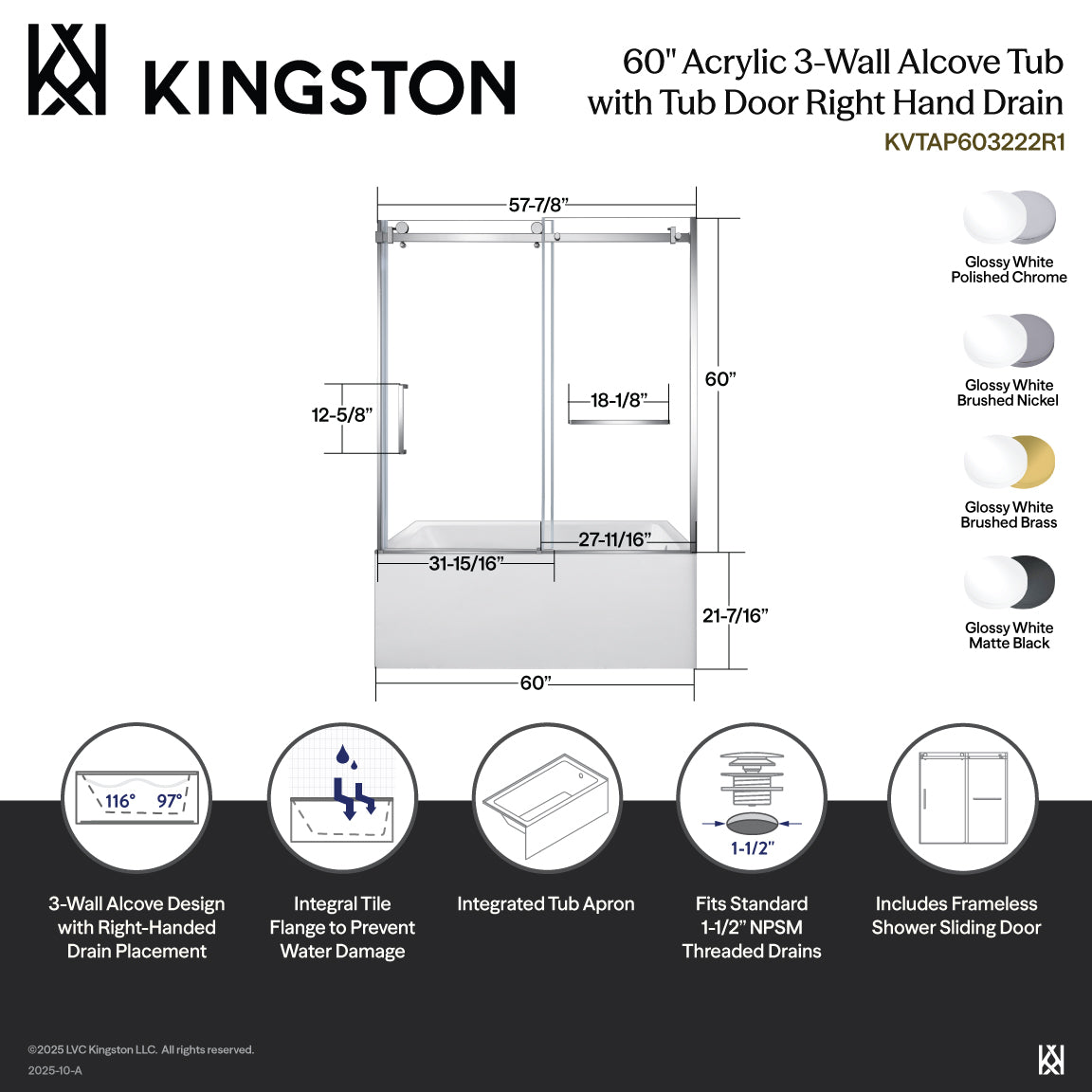 Kingston Brass KVTAP603222R7 60" Acrylic Rectangular 3-Wall Alcove Tub Combo with Tub Door (Right Hand Drain), White/Brushed Brass