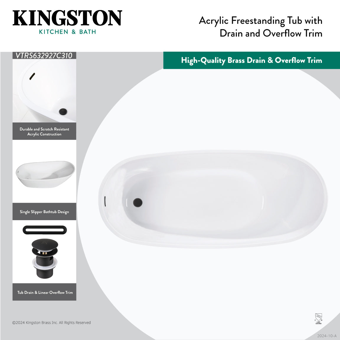 Kingston Brass VTRS632927C310 63" Acrylic Oval Single Slipper Freestanding Tub with Drain, Glossy White/Matte Black