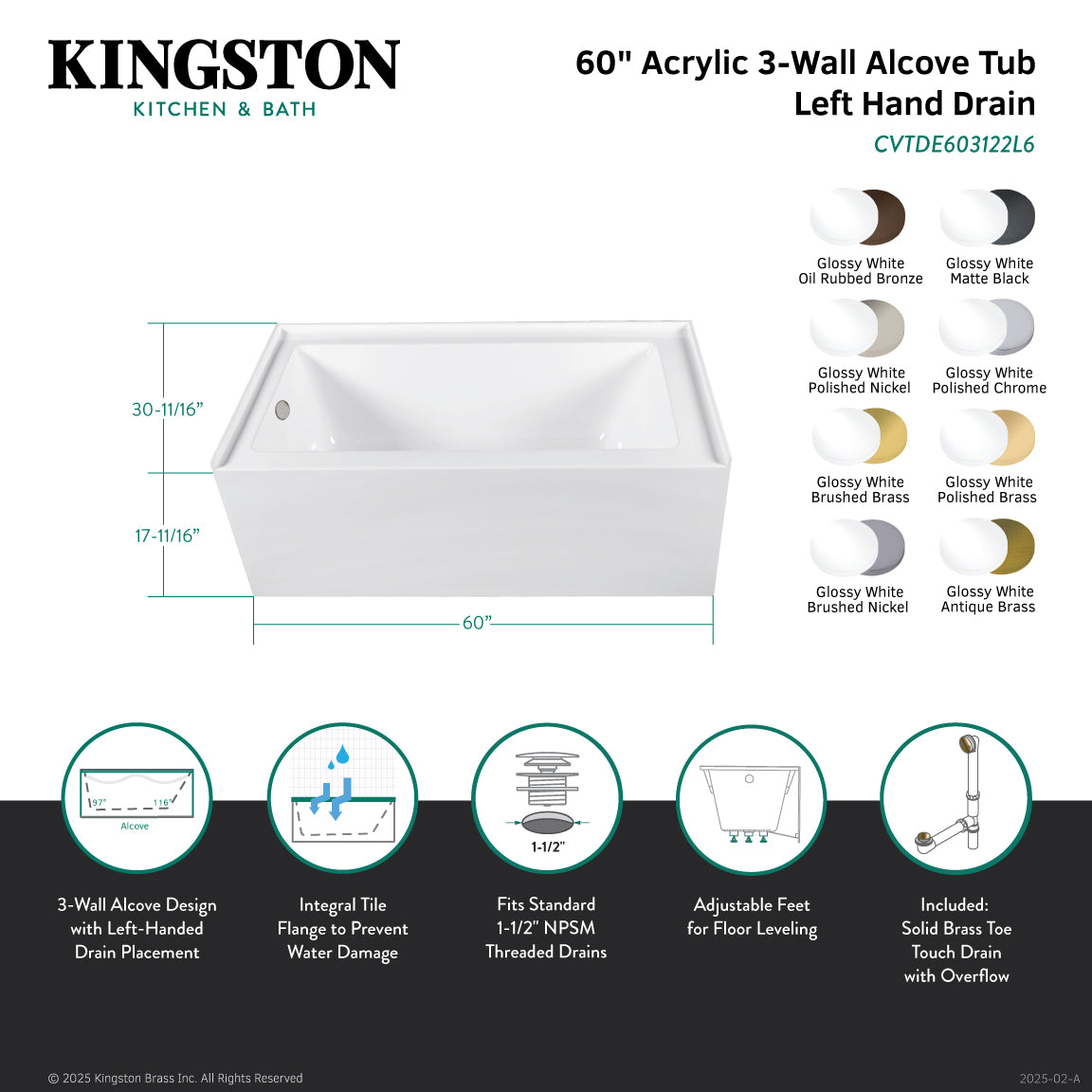 Aqua Eden CVTDE603122L1 60" Acrylic Rectangular 3-Wall Alcove Tub Combo with Waste and Overflow Drain (Left Hand Drain), Glossy White/Polished Chrome
