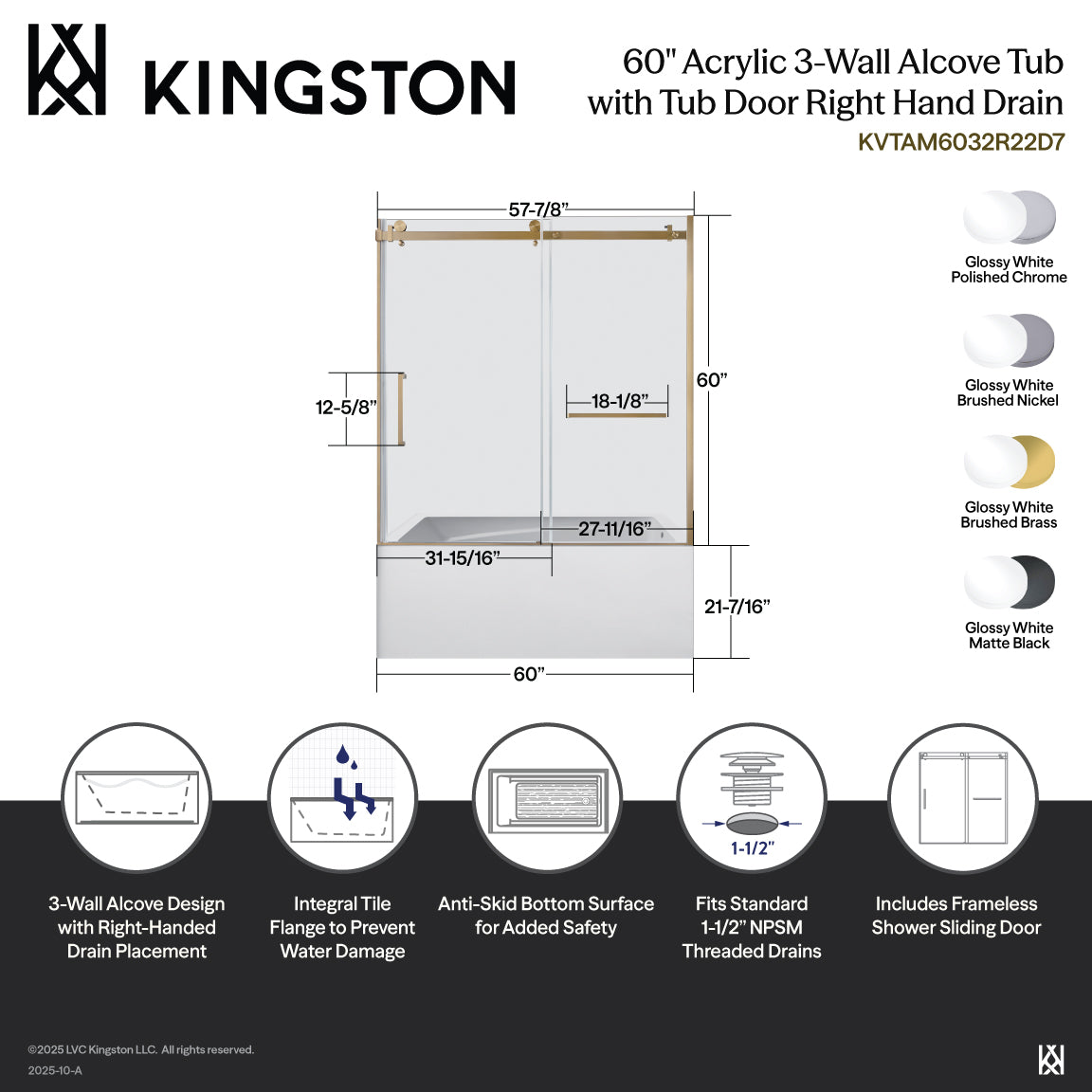 Kingston Brass KVTAM6032R22D0 60" Acrylic Rectangular 3-Wall Anti-Skid Alcove Tub Combo with Tub Door (Right Hand Drain), White/Matte Black