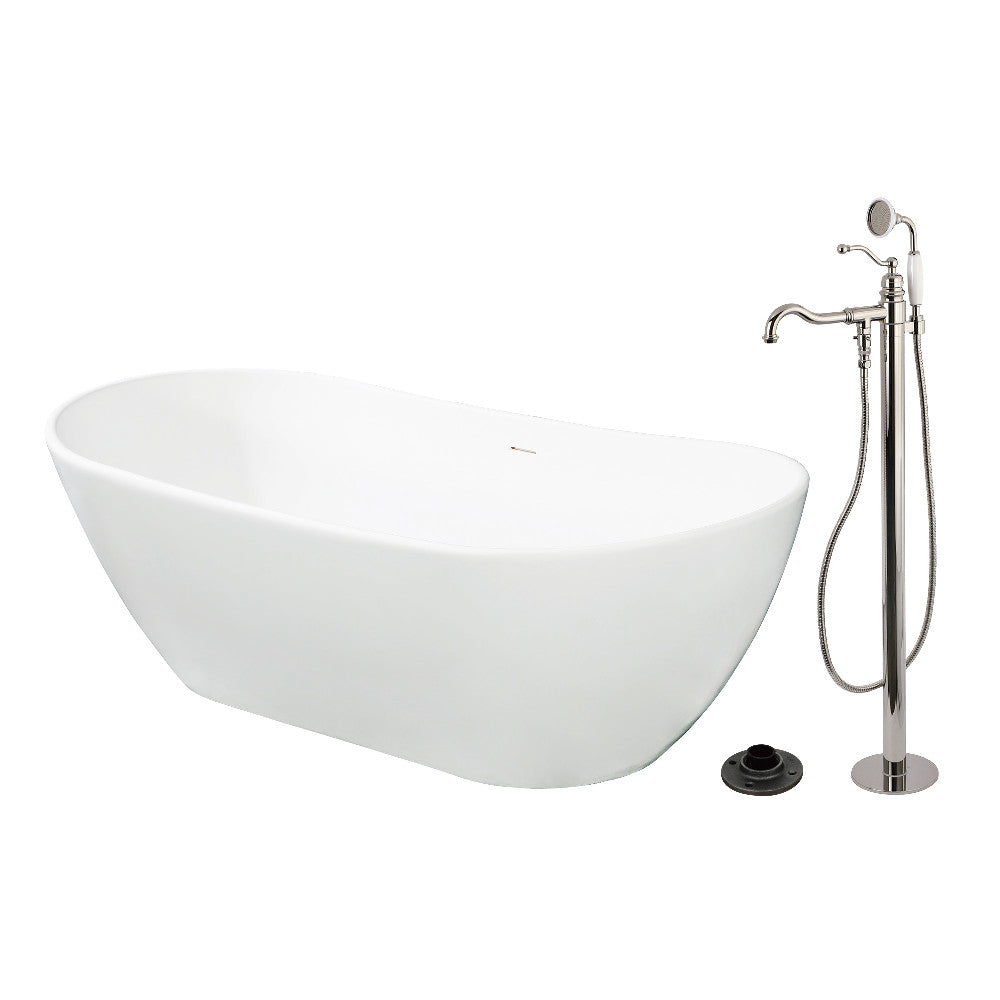 Kingston Brass KRTRS7232136AL 72" Solid Surface Oval Double Ended Freestanding Tub with Faucet Combo and Drain, Polished Nickel