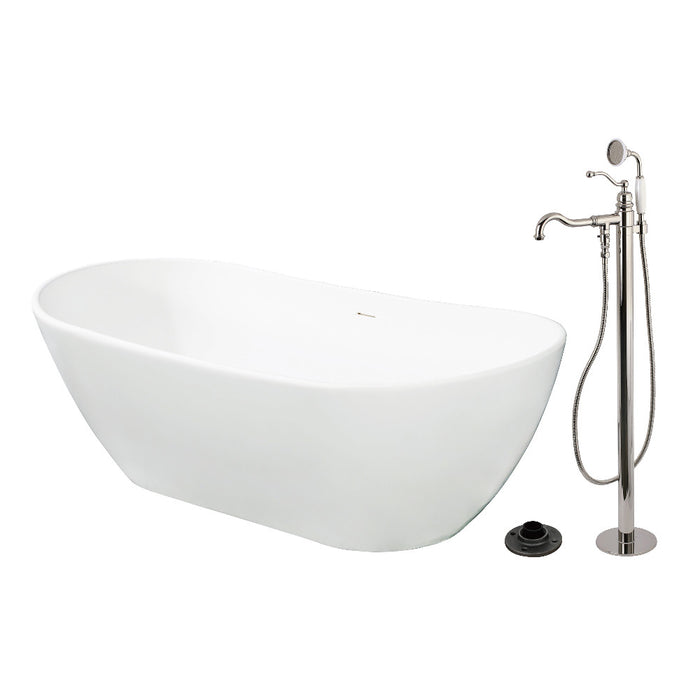 Kingston Brass KRTRS7232136AL 72" Solid Surface Oval Double Ended Freestanding Tub with Faucet Combo and Drain, Polished Nickel
