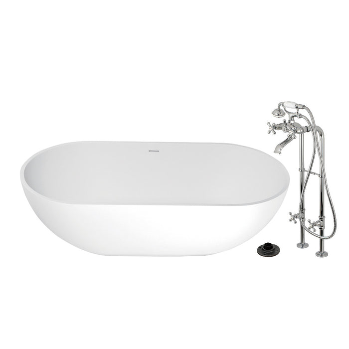 Kingston Brass KRTRS7035266K1 70" Solid Surface Oval Double Ended Freestanding Tub with Faucet Combo and Drain, Polished Chrome