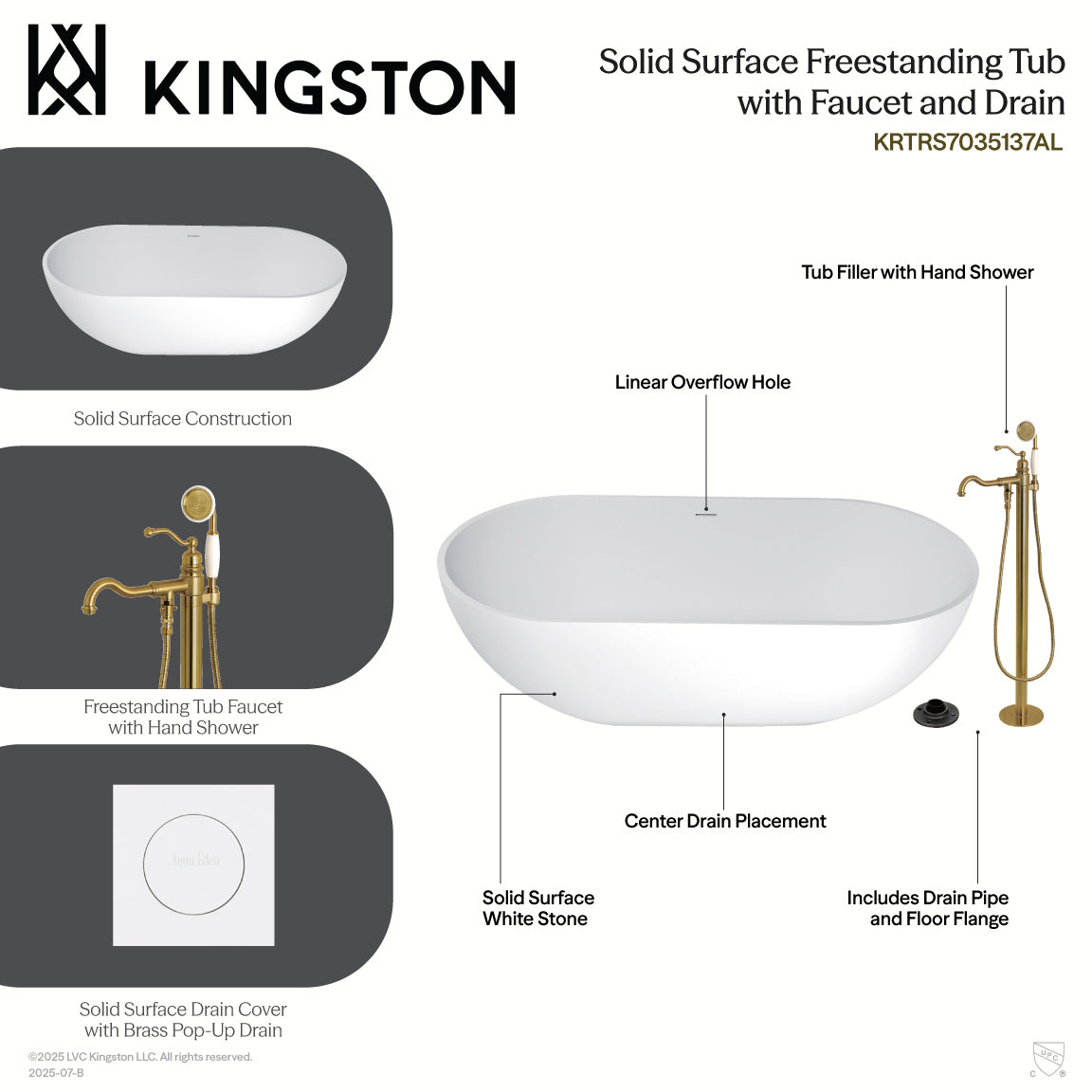 Kingston Brass KRTRS7035138AL 70" Solid Surface Oval Double Ended Freestanding Tub with Faucet Combo and Drain, Brushed Nickel
