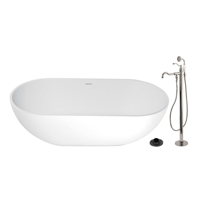 Kingston Brass KRTRS7035136AL 70" Solid Surface Oval Double Ended Freestanding Tub with Faucet Combo and Drain, Polished Nickel