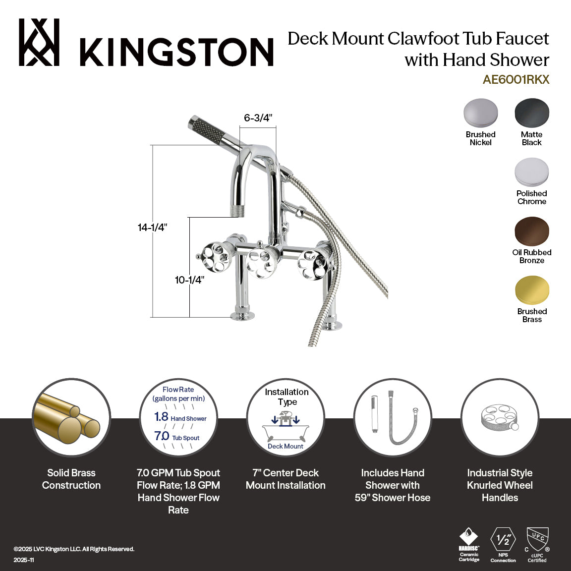 Kingston Brass AE6007RKX Webb 7" Center Deck-Mount Clawfoot Tub Faucet with Knurled Handle and Hand Shower, Brushed Brass