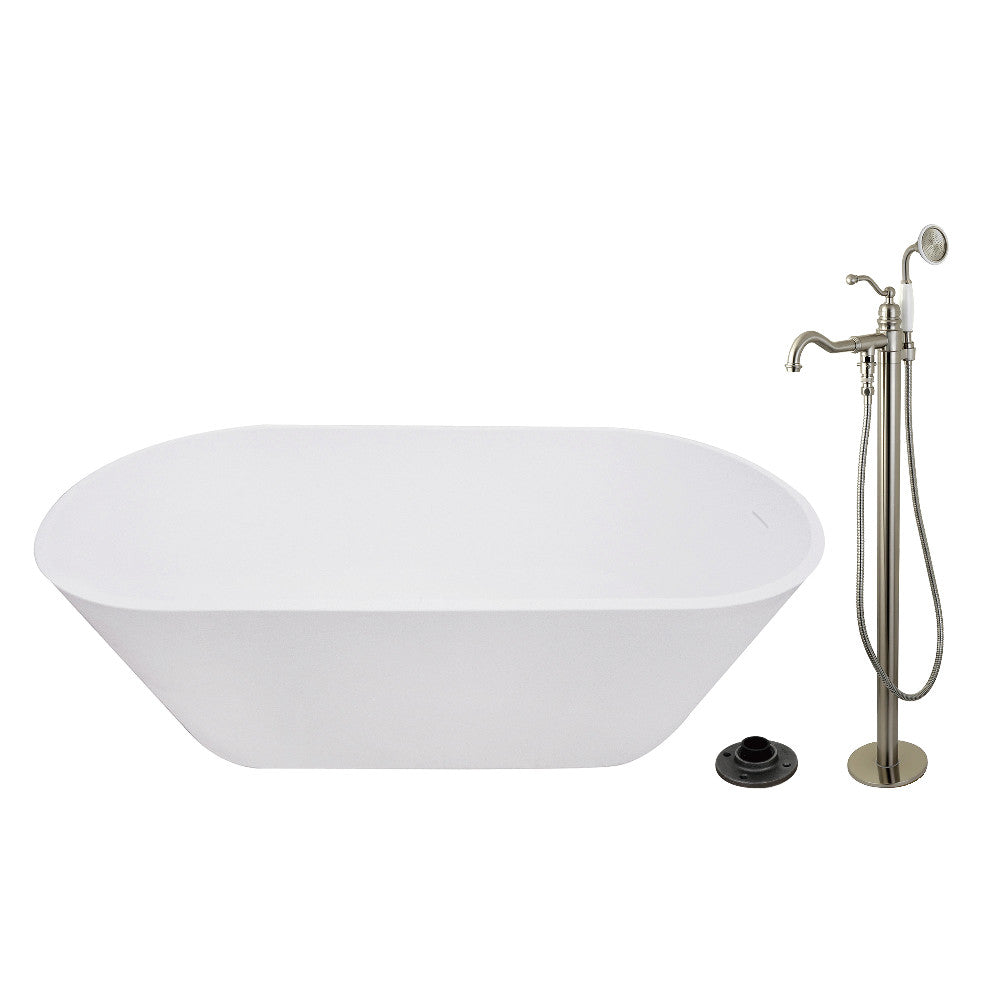 Kingston Brass KRTRS6731138AL 67" Solid Surface Oval Double Ended Freestanding Tub with Faucet Combo and Drain, Brushed Nickel