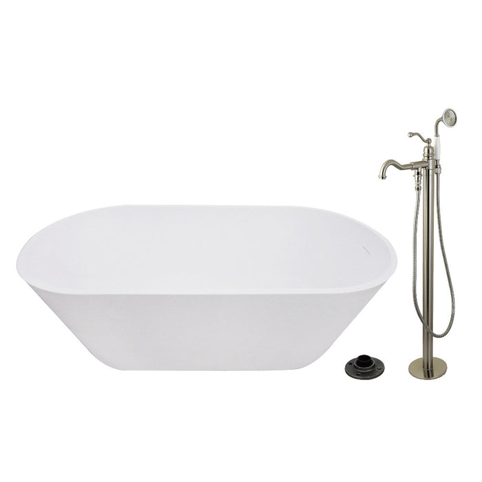 Kingston Brass KRTRS6731138AL 67" Solid Surface Oval Double Ended Freestanding Tub with Faucet Combo and Drain, Brushed Nickel