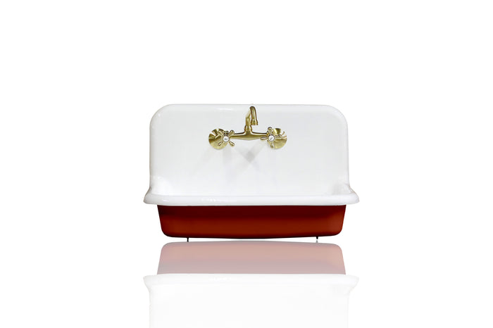 WatermarkFixtures 30" Antique Inspired High Back Farm Sink Cast Iron Original Porcelain Wall Mount Kitchen Sink Package, Red