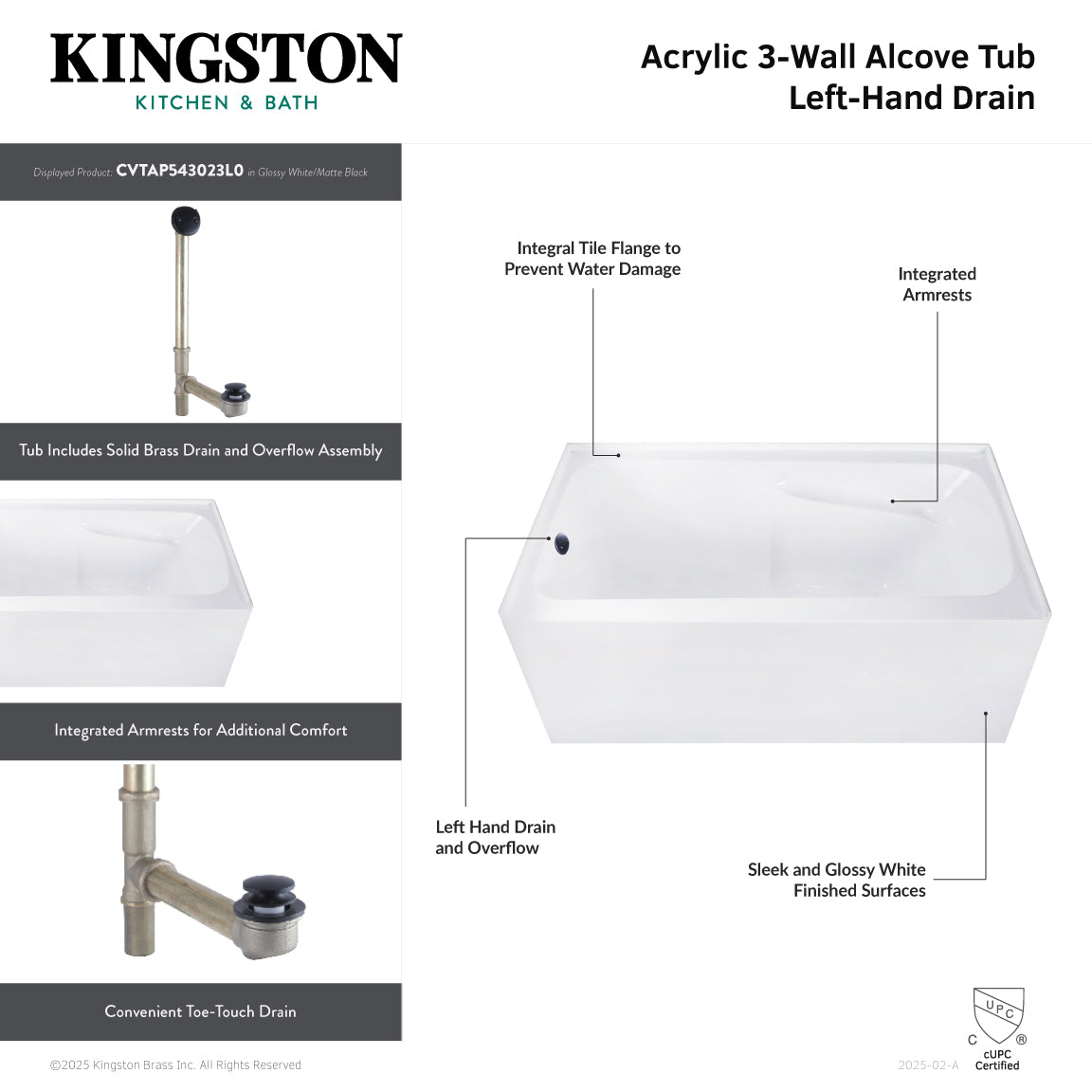 Aqua Eden CVTAP543023L1 54" Acrylic Rectangular 3-Wall Alcove Tub Combo with Armrests and Waste and Overflow Drain (Left Hand Drain), Glossy White/Polished Chrome
