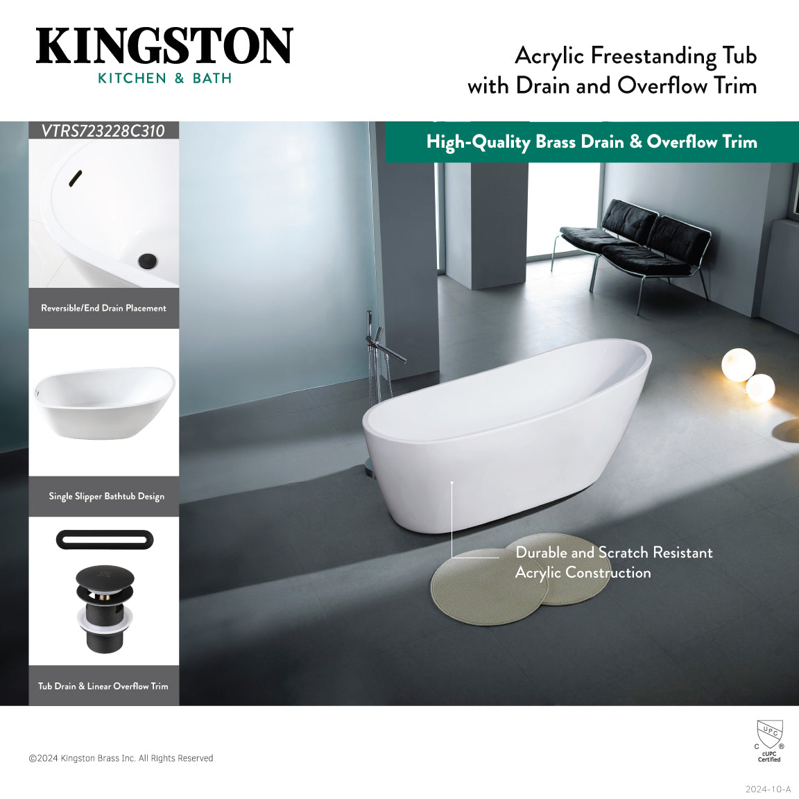 Kingston Brass VTRS723228C310 72" Acrylic Oval Single Slipper Freestanding Tub with Drain, Glossy White/Matte Black
