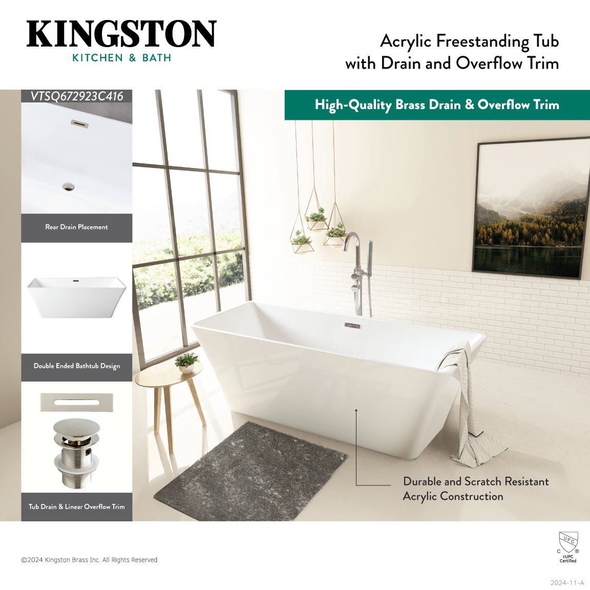 Kingston Brass VTSQ672923C412 67" Acrylic Rectangular Double Ended Freestanding Tub with Drain, Glossy White/Polished Brass