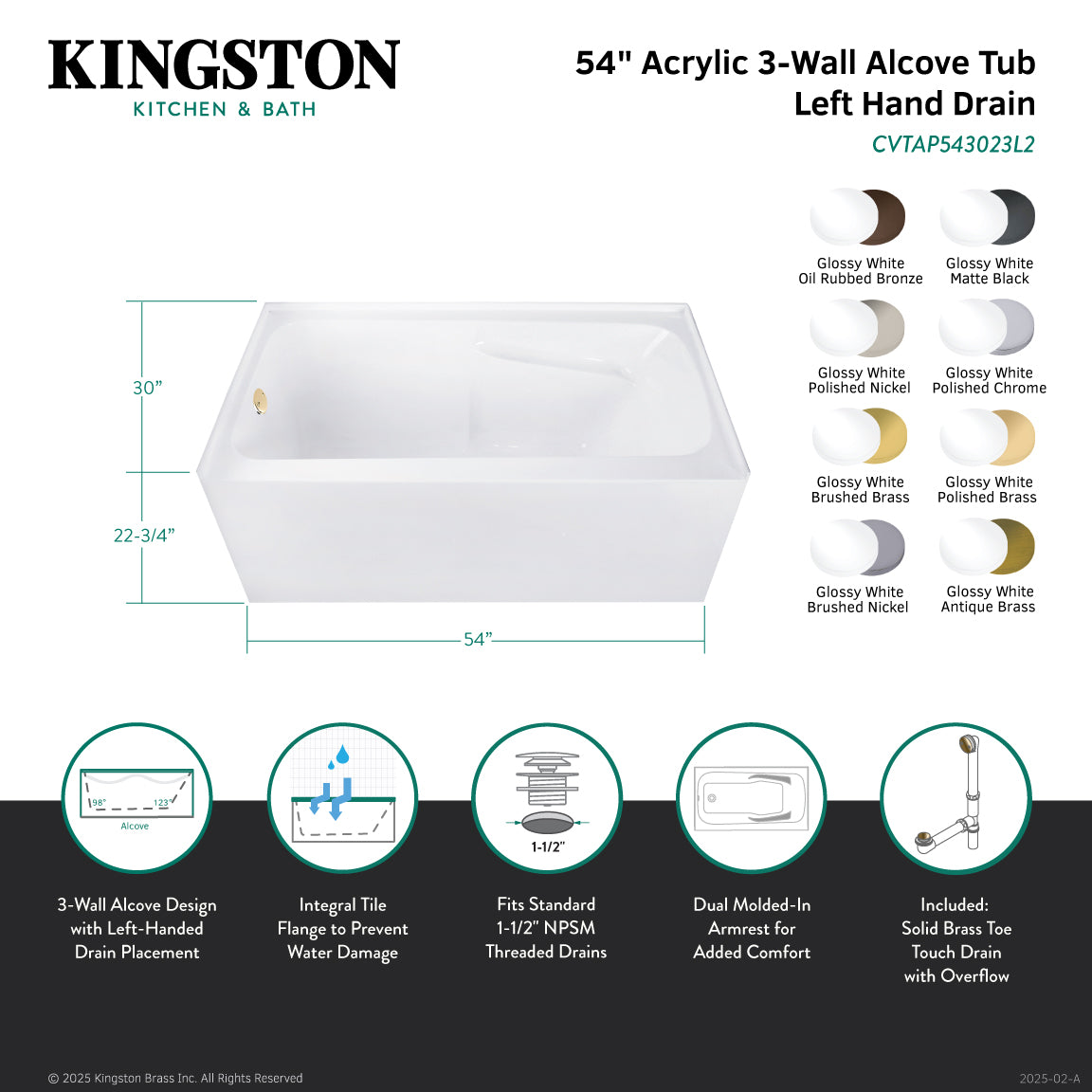 Aqua Eden CVTAP543023L1 54" Acrylic Rectangular 3-Wall Alcove Tub Combo with Armrests and Waste and Overflow Drain (Left Hand Drain), Glossy White/Polished Chrome