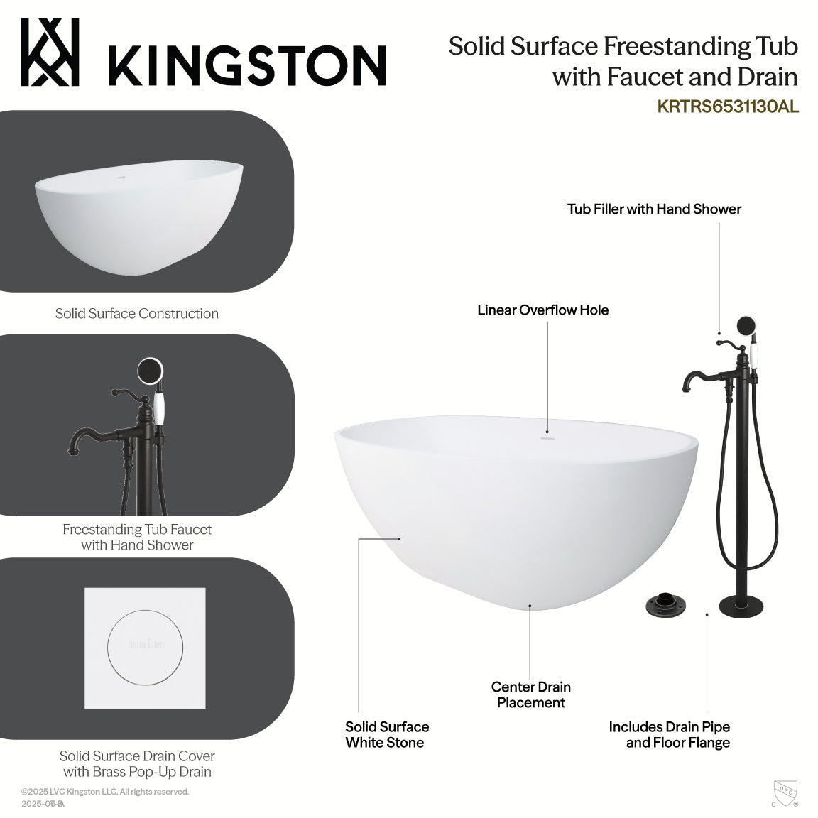 Kingston Brass KRTRS6531135AL 65" Solid Surface Oval Double Ended Freestanding Tub with Faucet Combo and Drain, Oil Rubbed Bronze