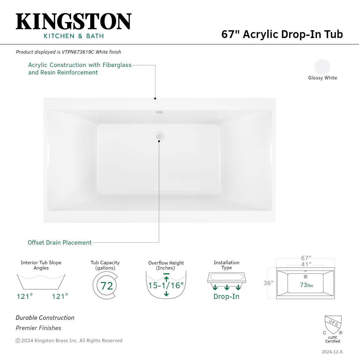 Aqua Eden VTPN673619C 67" Acrylic Rectangular Drop-In Tub with Reversible Drain, Glossy White