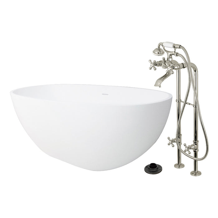 Kingston Brass KRTRS6531266K6 65" Solid Surface Oval Double Ended Freestanding Tub with Faucet Combo and Drain, Polished Nickel
