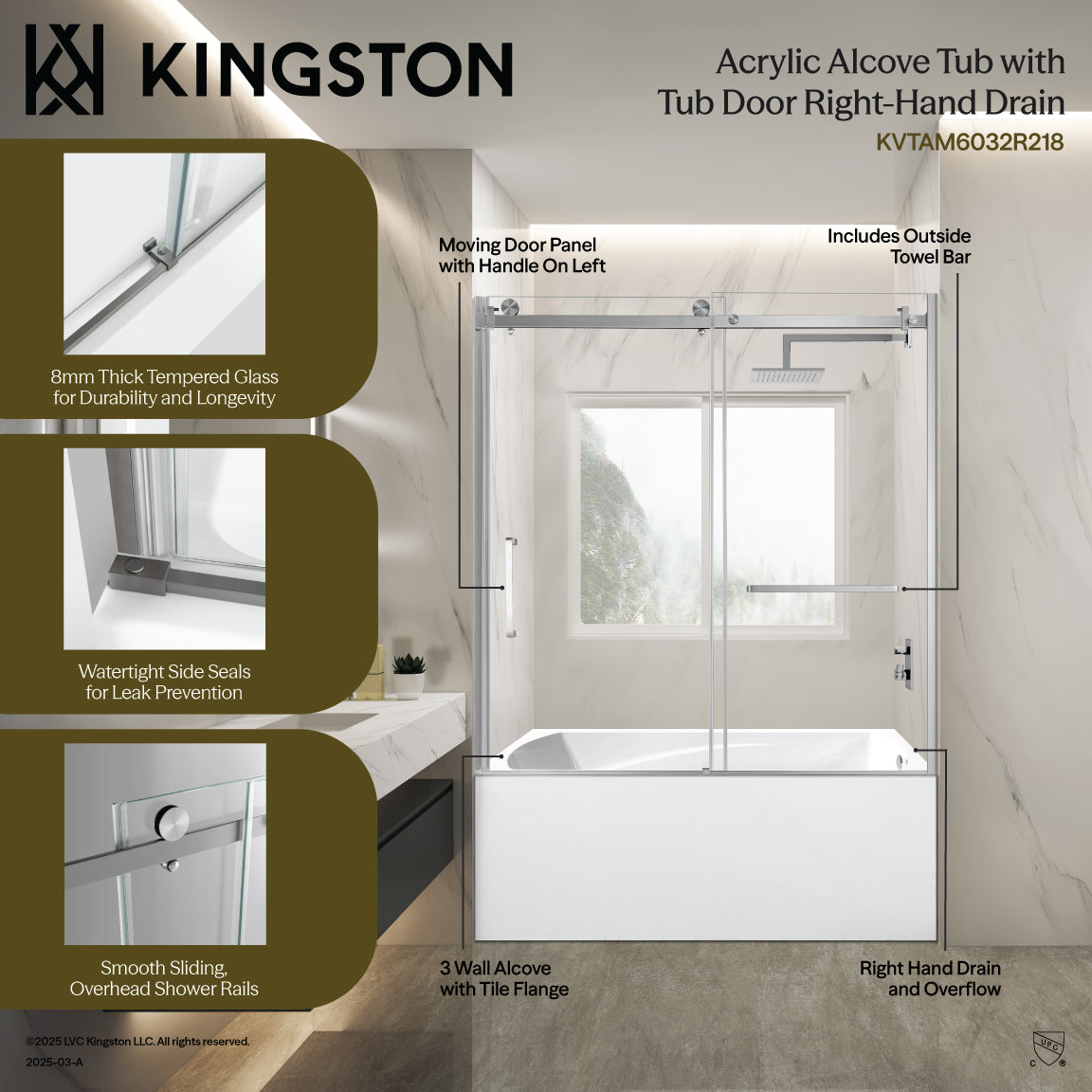 Kingston Brass KVTAM6032R218 60" Acrylic Rectangular 3-Wall Alcove Tub Combo with Tub Door (Right Hand Drain), White/Brushed Nickel
