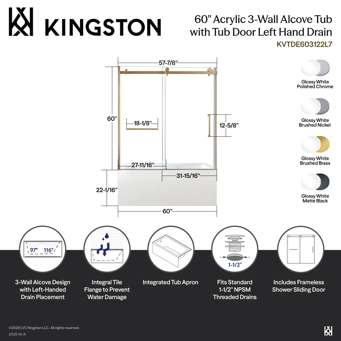 Kingston Brass KVTDE603122L1 60" Acrylic Rectangular 3-Wall Alcove Tub Combo with Tub Door (Left Hand Drain), White/Polished Chrome