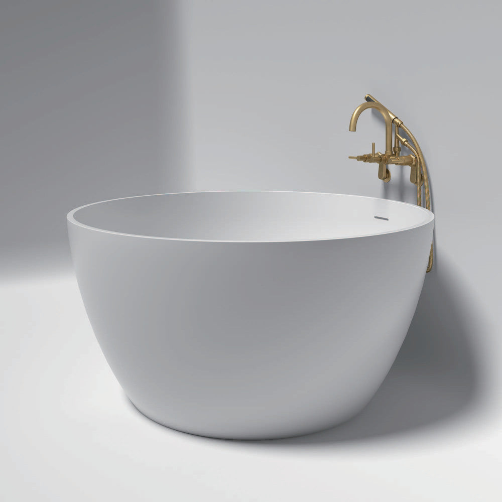 Kingston Brass KRTRO4545157DL 45" Solid Surface Round Double Ended Freestanding Tub with Faucet Combo and Drain, Brushed Brass