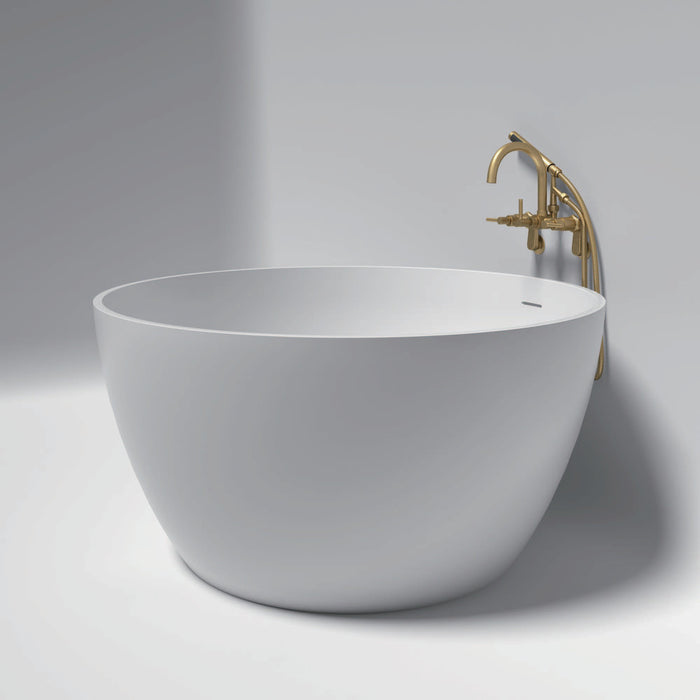 Kingston Brass KRTRO4545157DL 45" Solid Surface Round Double Ended Freestanding Tub with Faucet Combo and Drain, Brushed Brass