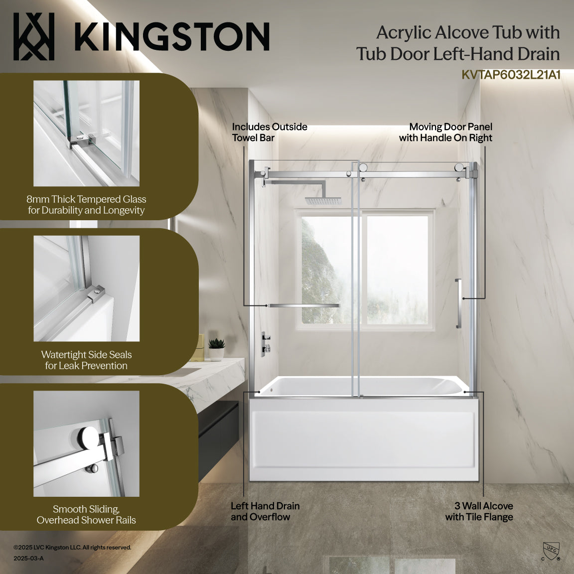 Kingston Brass KVTAP6032L21A8 60" Acrylic Rectangular 3-Wall Anti-Skid Alcove Tub Combo with Tub Door (Left Hand Drain), White/Brushed Nickel