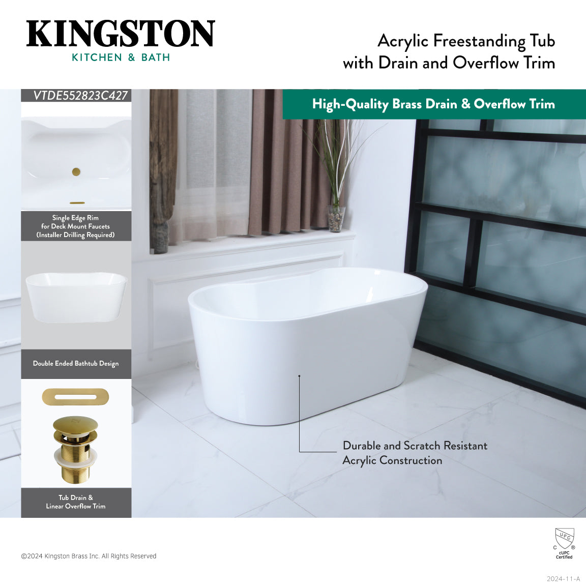 Kingston Brass VTDE552823C426 55" Acrylic Oval Double Ended Freestanding Tub with Drain, Glossy White/Polished Nickel