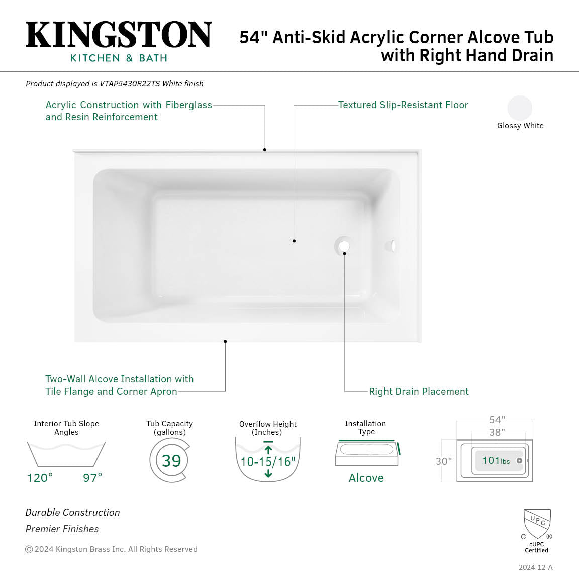 Aqua Eden VTAP5430R22TS 54" Acrylic Rectangular 2-Wall Corner Alcove Tub, Right Hand Drain, Glossy White