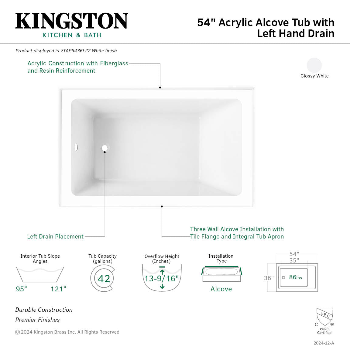 Aqua Eden VTAP5436L22 54" Acrylic Rectangular 3-Wall Alcove Tub, Left Hand Drain, Glossy White