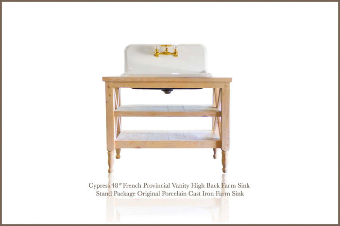WatermarkFixtures Reclaimed Wood Cypress 48″ French Provincial Caddo Vanity High Back Farm Sink Stand Original Porcelain Cast Iron Farm Sink